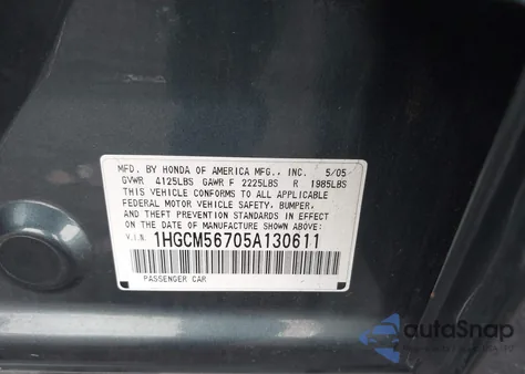 2005 Honda Accord 2.4 Ex из США, поврежденный, VIN 1HGCM56705A130611